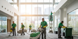 Cleaning crew in green uniforms vacuuming and polishing a modern office lobby with floor-to-ceiling windows