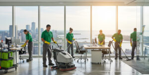 Office cleaning staff cleaning a modern high-rise office floor overlooking a city skyline.