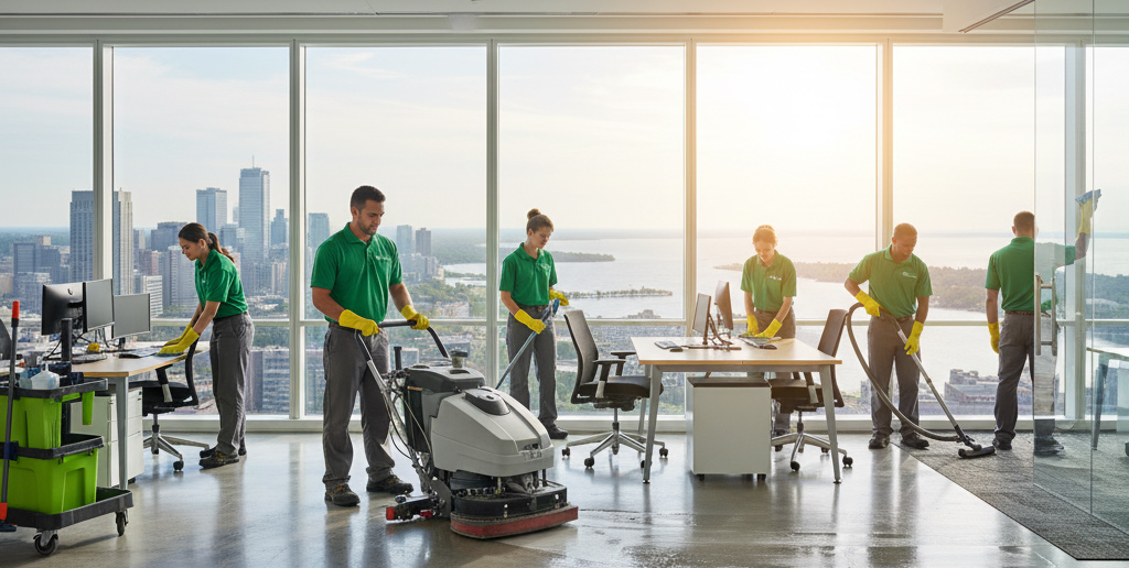 Office cleaning staff cleaning a modern high-rise office floor overlooking a city skyline.
