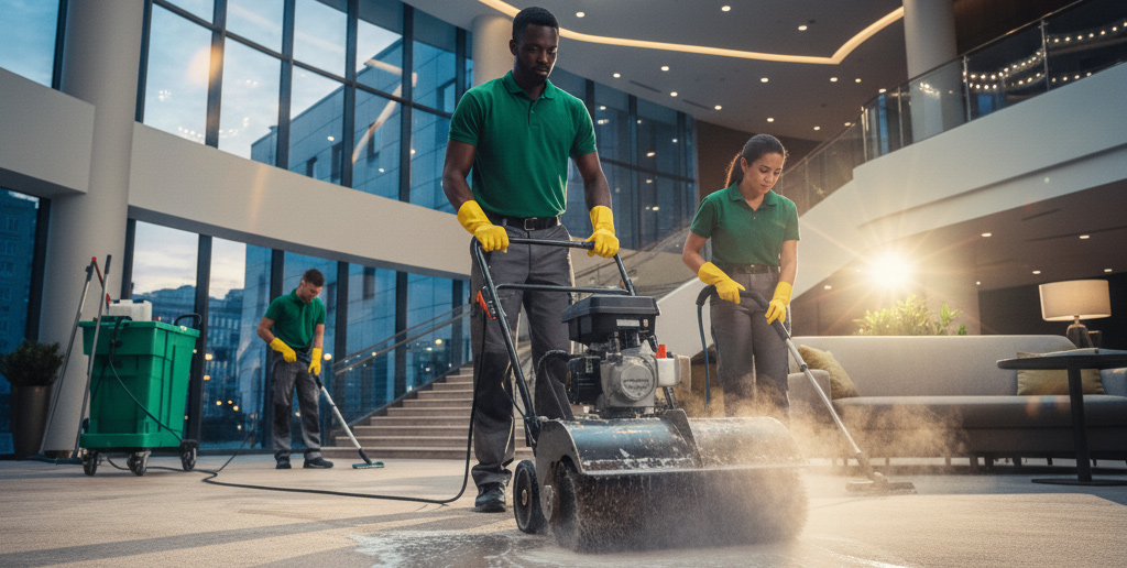 Maintenance staff deep-cleaning carpet of large open office lobby