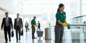Building maintenance staff cleaning handrail in office lobby