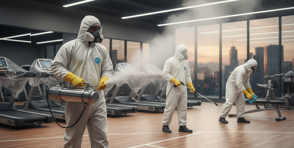 Staff in protective hazmat suits spraying disinfectant inside a gym with treadmills.