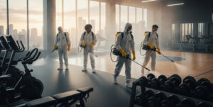 Four workers in hazmat suits performing fogging disinfection inside a fitness center.