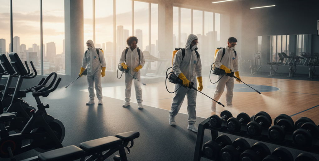 Four workers in hazmat suits performing fogging disinfection inside a fitness center.
