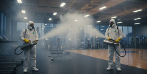 Worker in protective gear using fogging machine for pest control