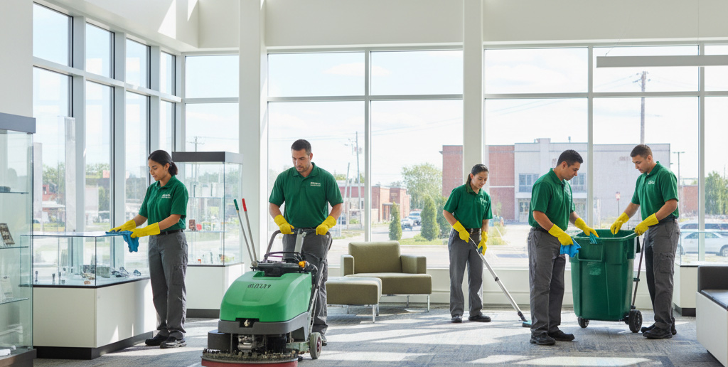 Cleaning crew using floor-scrubber and wipes to clean a large glass-fronted lobby space.