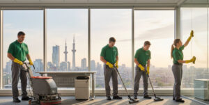 Commercial cleaning team working in a modern Mississauga office.