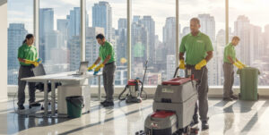 Professional cleaners in green uniforms cleaning a bright office with city skyline backdrop