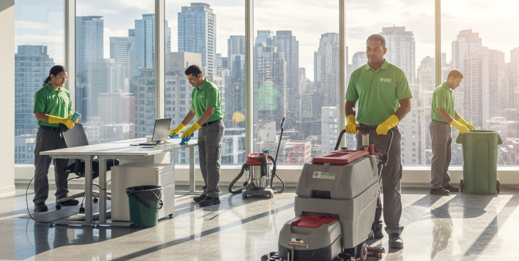 Professional cleaners in green uniforms cleaning a bright office with city skyline backdrop