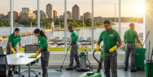Workers in green uniforms cleaning an office space with a lakeside cityscape visible through large windows.