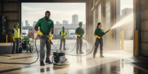 Crew power washing a warehouse floor with pressure-washing equipment and water spray