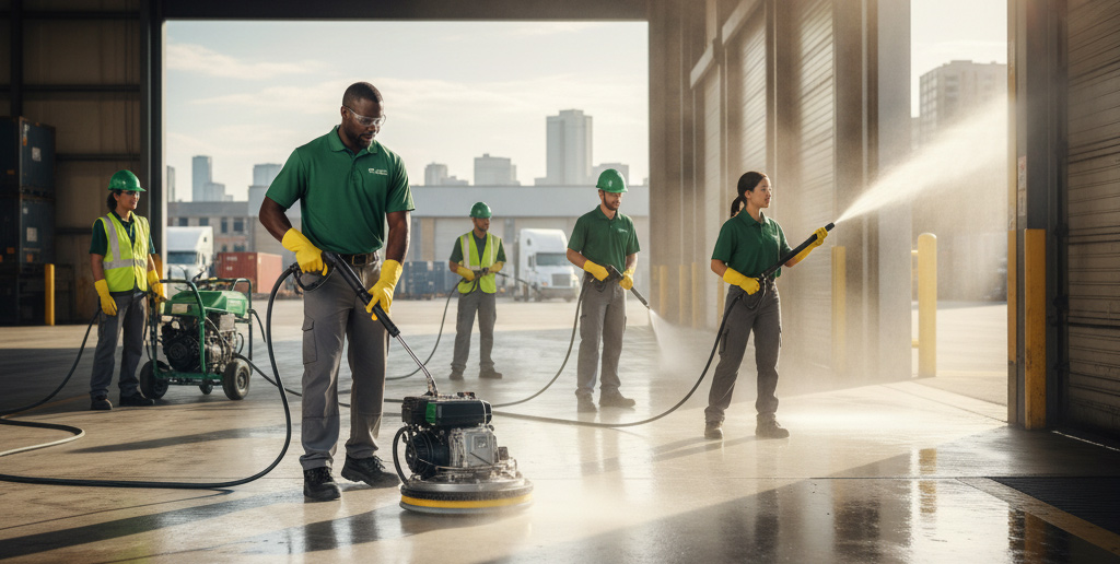 Crew power washing a warehouse floor with pressure-washing equipment and water spray