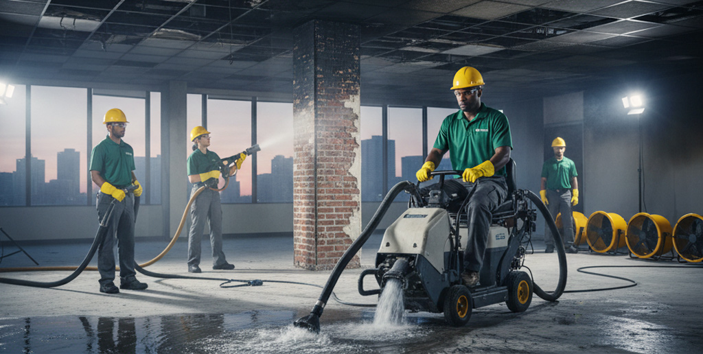 Workers wearing safety gear using heavy-duty floor-cleaning equipment in a commercial building under restoration
