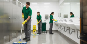Cleaning staff mopping and wiping sinks in a clean public restroom
