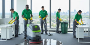 Five janitorial staff cleaning a modern office space — vacuuming, floor polishing and wiping desks in front of large windows with a city view.