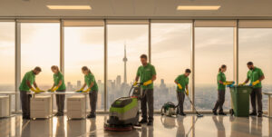 Commercial cleaning staff cleaning an office with city skyline visible through large windows