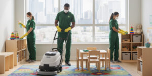 Staff in green uniforms cleaning a children’s playroom with cleaning machine and toys on shelves
