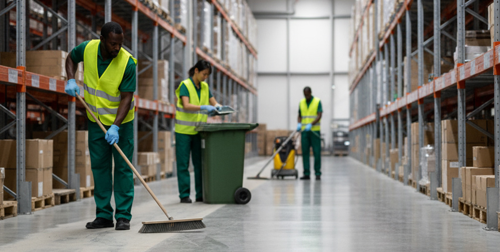 Warehouse interior with workers cleaning floor and organizing shelves