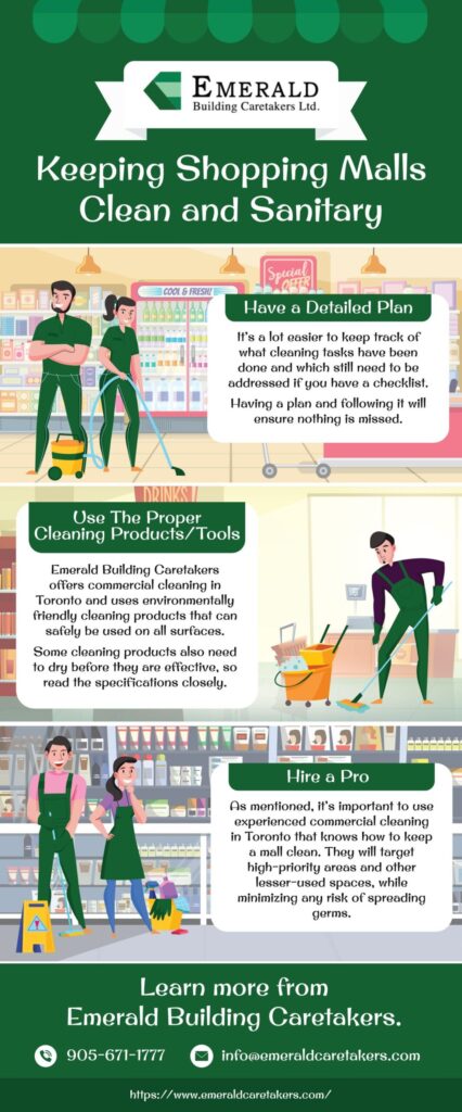 Keeping shopping malls clean and sanitary infographic with cleaning staff and equipment