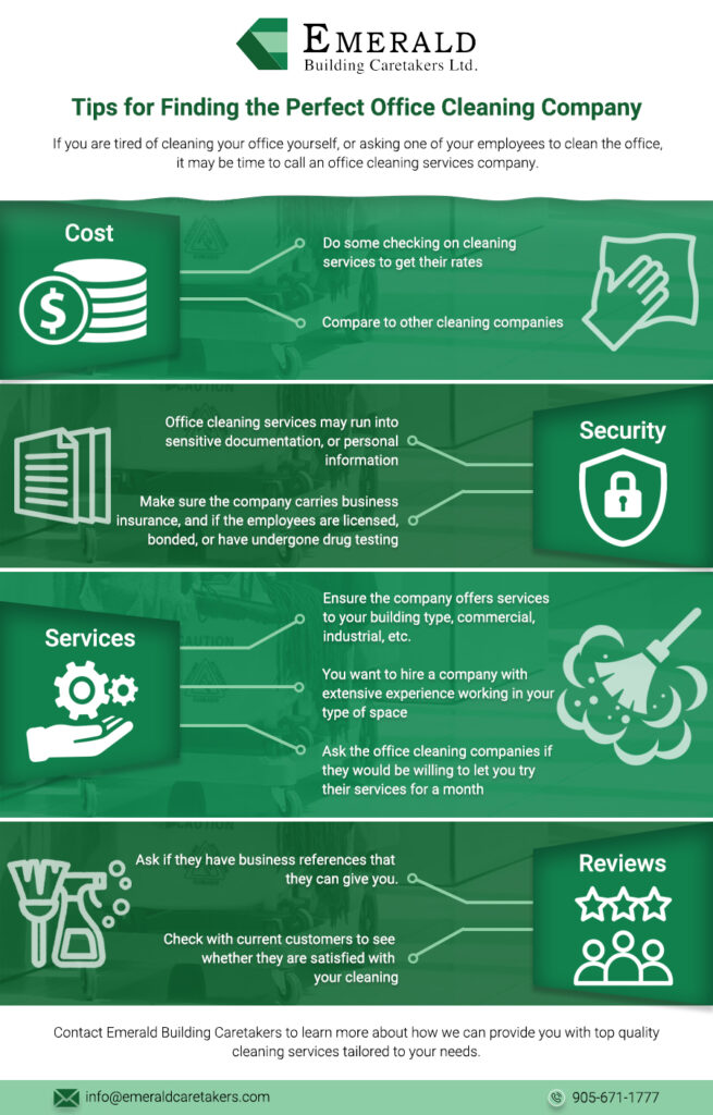 Tips for finding the perfect office cleaning company infographic from Emerald Building Caretakers